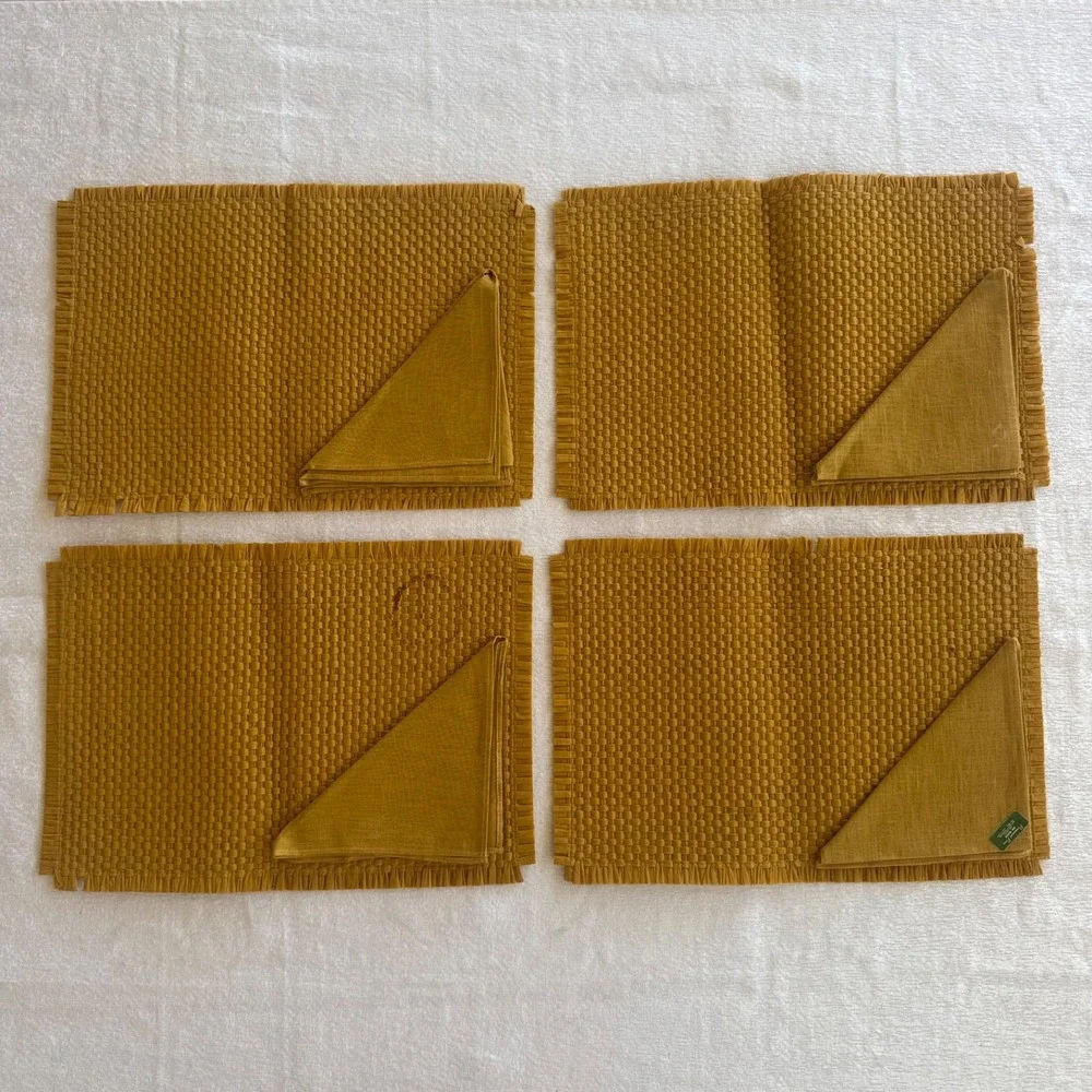 8pc‎ Vintage Japanese MCM Woven Placemats Napkins Set 4 Mustard Gold